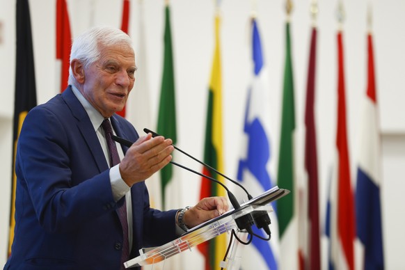 epa10207014 High Representative of the Union for Foreign Affairs and Security Policy, Josep Borell, intervenes during the opening of the European Union Satellite Centre (SatCen) new headquarters on it ...