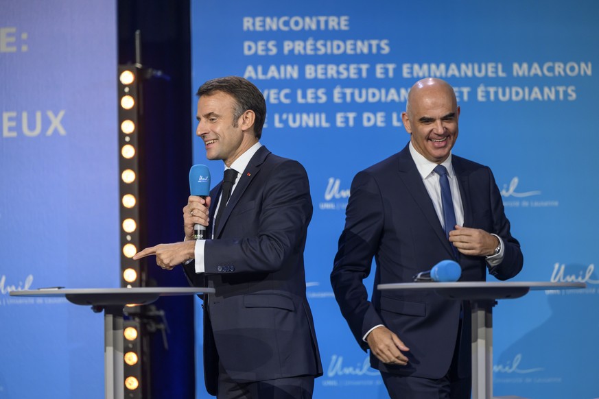 French President Emmanuel Macron, left, and Swiss President Alain Berset, right, attend a public conference on the theme &quot;Let&#039;s Talk Europe responding to major current societal issues&quot;  ...