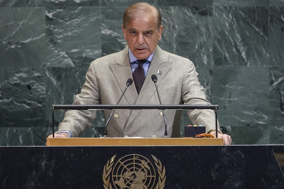 epa12407854 Prime Minister of Pakistan Shehbaz Sharif speaks during the General Debate of the 80th session of the United Nations General Assembly at United Nations headquarters in New York, New York,  ...