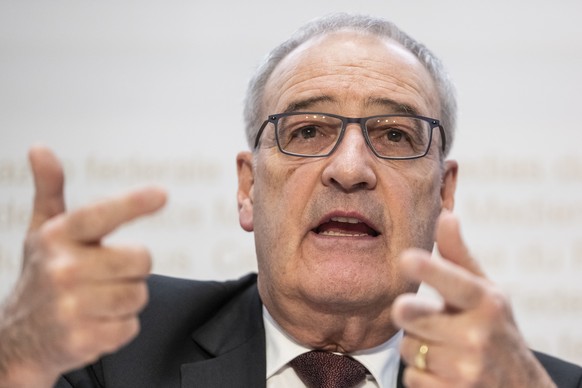 Swiss Federal Councillor Guy Parmelin speaks during a press conference on the new import tariffs into the US, Friday, November 14th, 2025, in Berne, Switzerland. (KEYSTONE/Alessandro della Valle)