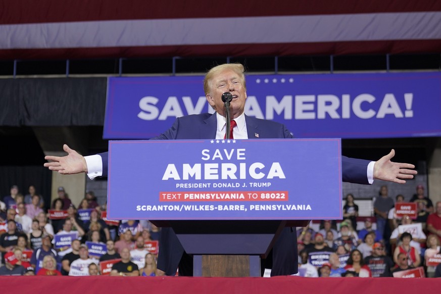 Former President Donald Trump speaks at a rally in Wilkes-Barre, Pa., Saturday, Sept. 3, 2022. (AP Photo/Mary Altaffer)