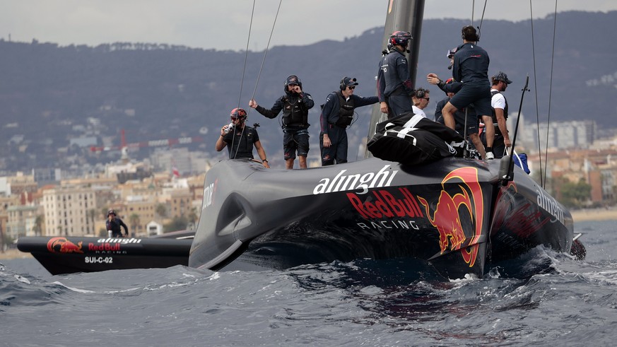 epa11611793 Alinghi Red Bull Racing of Switzerland and INEOS Britannia (unseen) of Britain compete on the fourth day of the Louis Vuitton Cup Semi-Finals within the America&#039;s Cup sailing competit ...