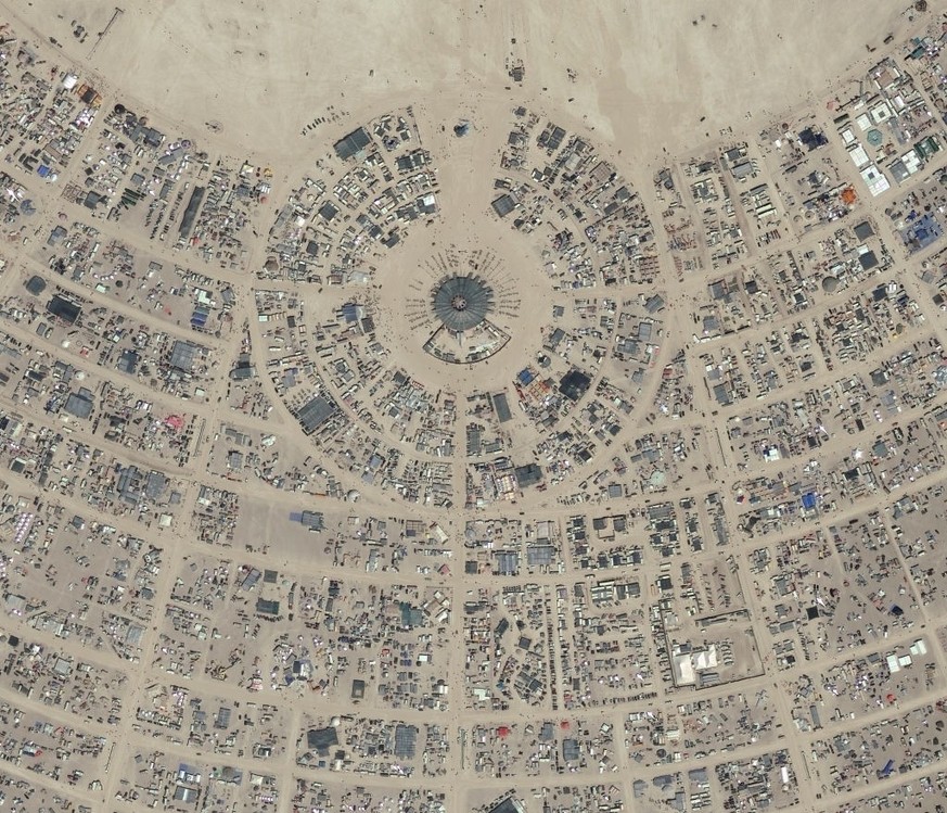 BURNING MAN FESTIVAL, NEVADA - AUGUST 28, 2017: DigitalGlobe via Getty Images close-up imagery of the 2017 Burning Man Festival in Northwest Nevada. (Photo DigitalGlobe via Getty Images via Getty Imag ...