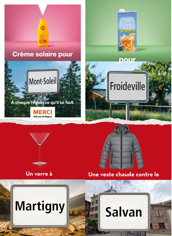 Publicités Migros noms des régions et version de Valais tourisme.