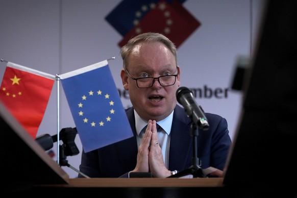 President of the European Union Chamber of Commerce in China Jens Eskelund gestures as he speaks during a press conference for the annual European Business in China Position Paper, in Beijing, Wednesd ...