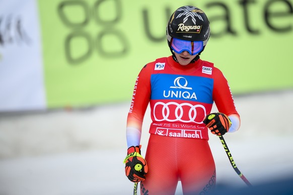 Lara Gut-Behrami of Switzerland reacts in the finish area during the women's downhill race at the FIS Alpine Skiing World Cup finals in Saalbach-Hinterglemm, Austria, Saturday, March 23, 2024. (K ...
