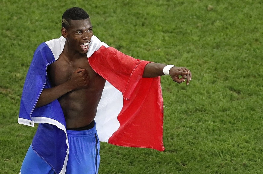 France&#039;s Paul Pogba celebrates after the Euro 2016 semifinal soccer match between Germany and France, at the Velodrome stadium in Marseille, France, Thursday, July 7, 2016. France won the match 2 ...