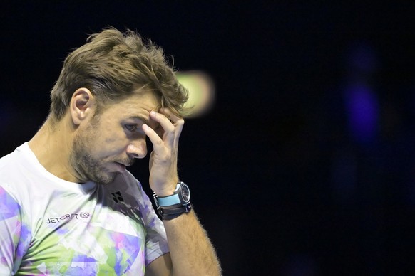 Switzerland&#039;s Stan Wawrinka during his firts round match against Russia&#039;s Alexander Shevchenko at the Swiss Indoors tennis tournament at the St. Jakobshalle in Basel, Switzerland, on Tuesday ...