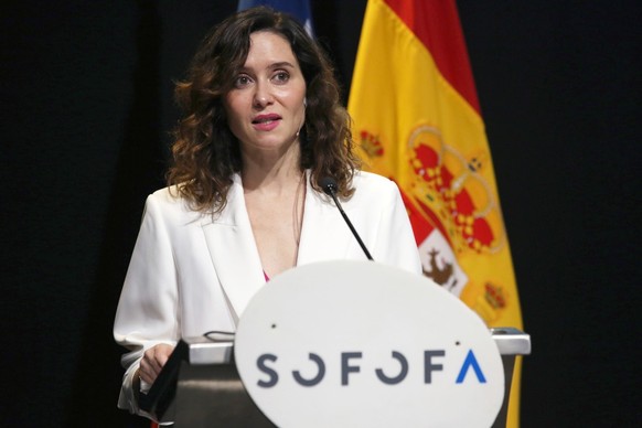 epa11236807 Isabel Diaz Ayuso, President of the Community of Madrid, speaks during a meeting organized by the Chilean trade association Sociedad Fabril de Fomento (Sofofa), attended by members of the  ...