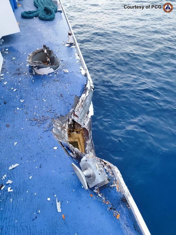 epa11554758 A handout photo made available by the Philippine Coast Guard shows the damaged ship BRP Cape Engano following a collision with a Chinese coast guard vessel near Sabina Shoal in disputed wa ...