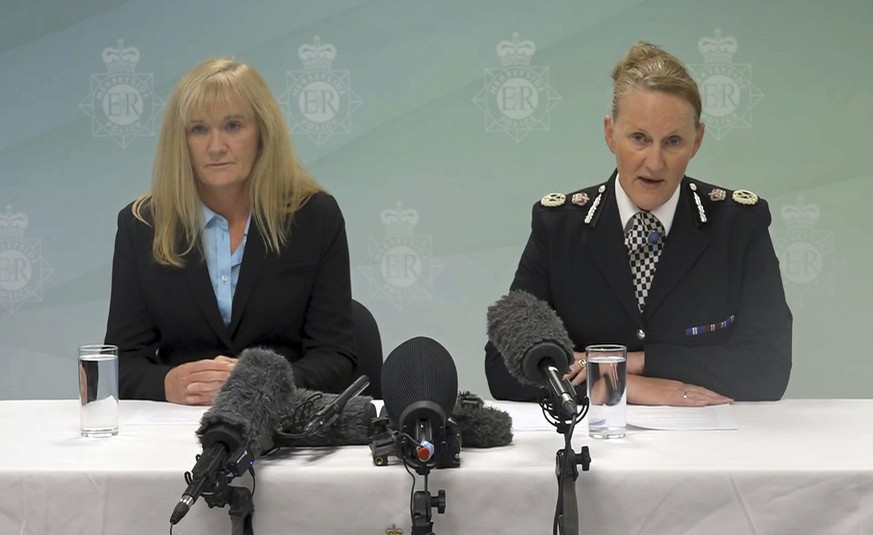 Deputy Chief Crown Prosecutor Ursula Doyle, left, and Merseyside Police Chief Constable Serena Kennedy, speak during a press conference at Merseyside Police Headquarters in Liverpool, England, early T ...