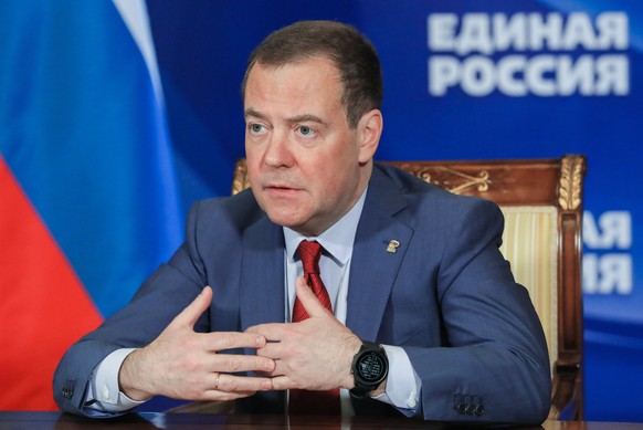 Russian Security Council Deputy Chairman and the head of the United Russia party Dmitry Medvedev chairs a meeting on saving businesses and jobs in foreign companies via video link at Gorki state resid ...