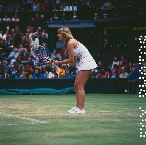 American tennis player Chris Evert competing against Billie Jean King in the quarter-finals of the Women&#039;s Singles tournament at The Championships, Wimbledon, London, July 1978. Evert won the mat ...