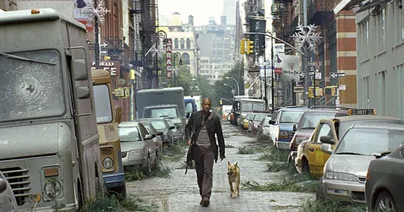 Exemple parfait d'un retour à l'état sauvage, en l'occurrence de la ville de New York, dans le film I am legend avec Will Smith (et son fidèle compagnon).