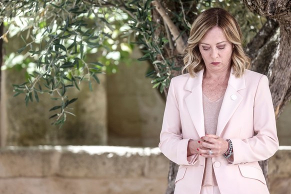 FASANO, ITALY - JUNE 13: Italy's Prime Minister Giorgia Meloni awaits for the arrivals of the G7 leaders during the first day of the G7 meeting at Borgo Egnazia resort, on June 13, 2024 in Fasano ...