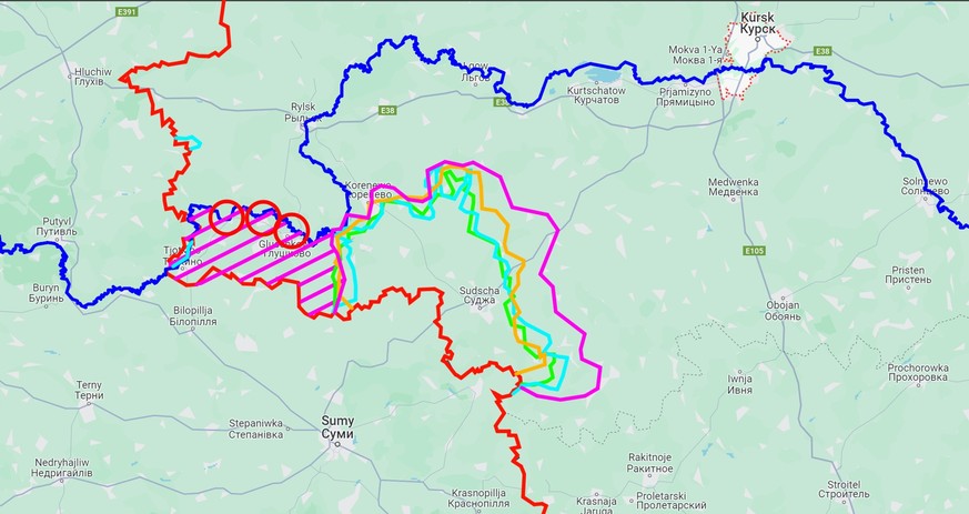 Hachuré en rose: progressions territoriales ukrainiennes possibles dans les prochains jours.