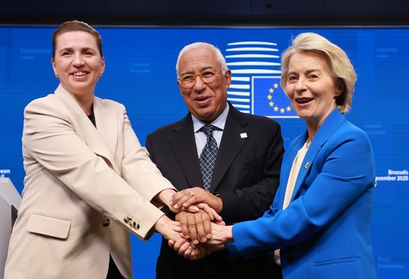 epa12602246 Danish Prime Minister Mette Frederiksen (L), European Council President Antonio Costa (C) and European Commission President Ursula von der Leyen (R) at the end of the EU Council Summit in  ...
