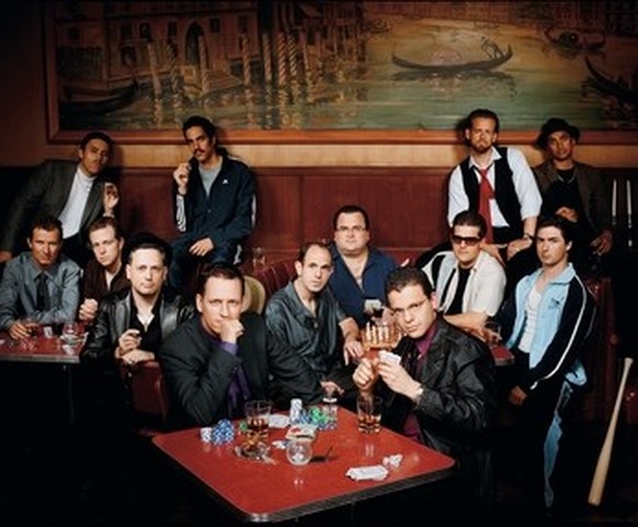 The &quot;paypal mafia&quot; photographed at Tosca in San Francisco, Oct, 2007.
Back row from left: Jawed Karim, co-founder Youtube; Jeremy Stoppelman CEO Yelp; Andrew McCormack, managing partner Laio ...