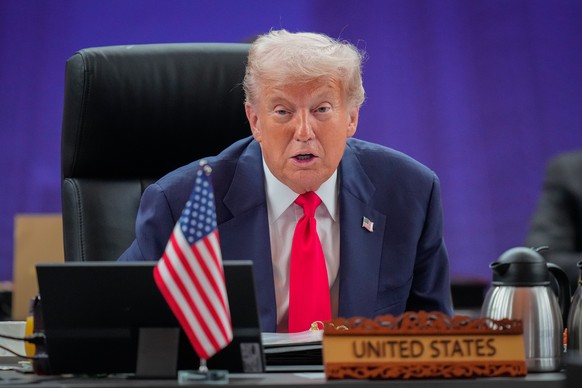 epa12483244 US President Donald Trump speaks during the Association of Southeast Asian Nations (ASEAN) Summit at the Kuala Lumpur Convention Centre (KLCC) in Kuala Lumpur, Malaysia, 26 October 2025. T ...