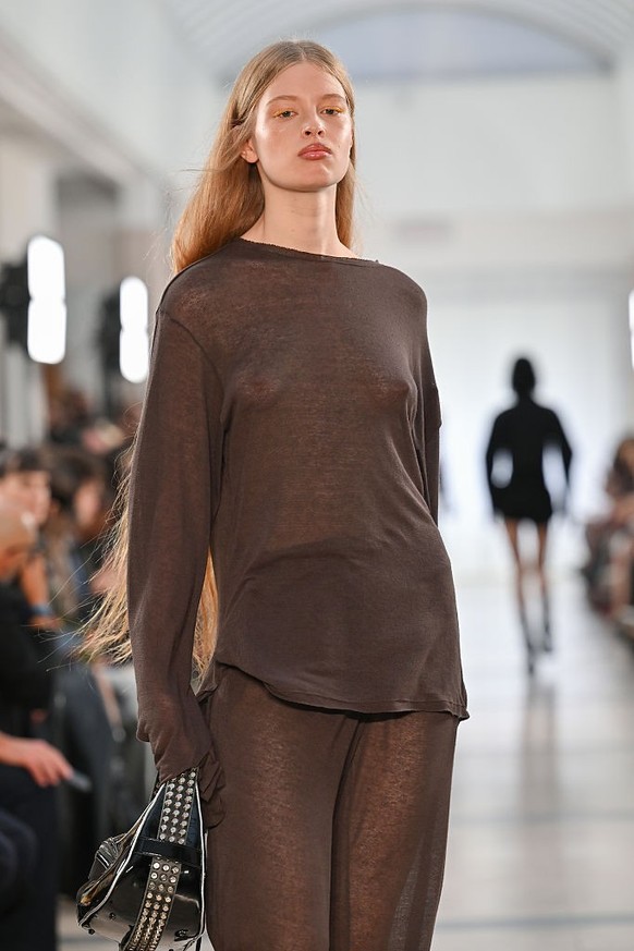 PARIS, FRANCE - OCTOBER 05: (EDITOR'S NOTE: Image contains partial nudity.) (EDITORIAL USE ONLY - For Non-Editorial use please seek approval from Fashion House) Vivian Jenna Wilson walks the runw ...