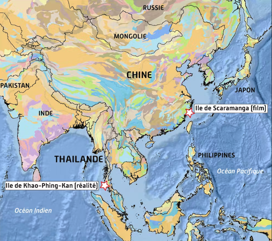 Fiction VS réalité: dans le film, l’île de Francisco Scaramanga est située en Chine du Sud alors que dans la réalité, le tournage s’est déroulé en Thaïlande sur l’île de Khao-Phing-Kan. Carte géologiq ...