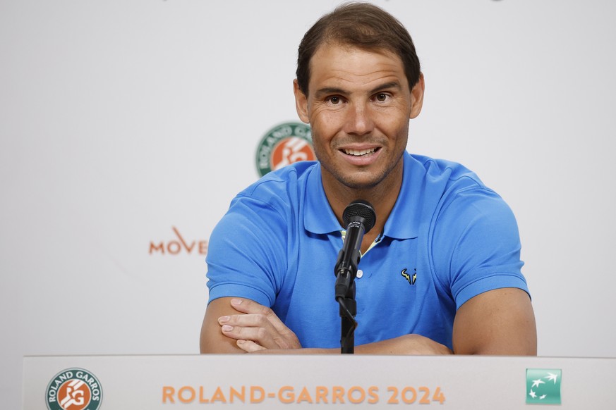 epa11368121 Rafael Nadal of Spain reacts during a press conference ahead of the French Open tennis tournament at Roland ?Garros in Paris, France, 25 May 2024. The 123th French Open tennis tournament s ...