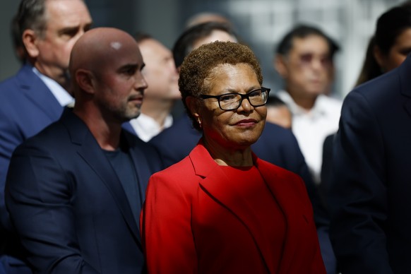 epa12403059 Los Angeles Mayor Karen Bass attends a news conference to discuss the expansion of the LA Convention Center, at the Los Angeles Convention Center, in Los Angeles, California, USA, 24 Septe ...