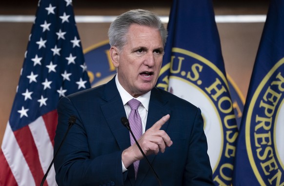 FILE - House Minority Leader Kevin McCarthy, R-Calif., speaks to reporters at his weekly news conference, at the Capitol in Washington, March 18, 2022. McCarthy&#039;s handling of the Capitol attack,  ...