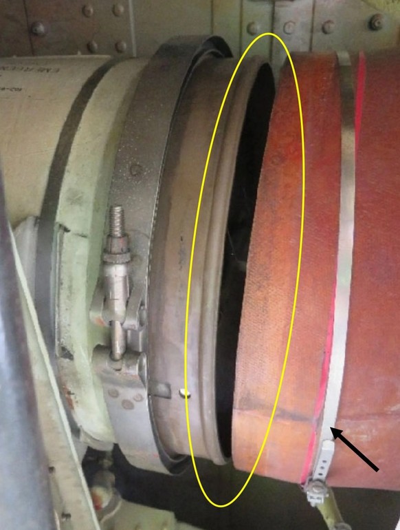 Une image tirée du rapport Sust: voici à quoi ressemblait la jonction entre le distributeur basse pression et le clapet anti-retour (skin check valve) de l'admission d'air de secours, avec l ...