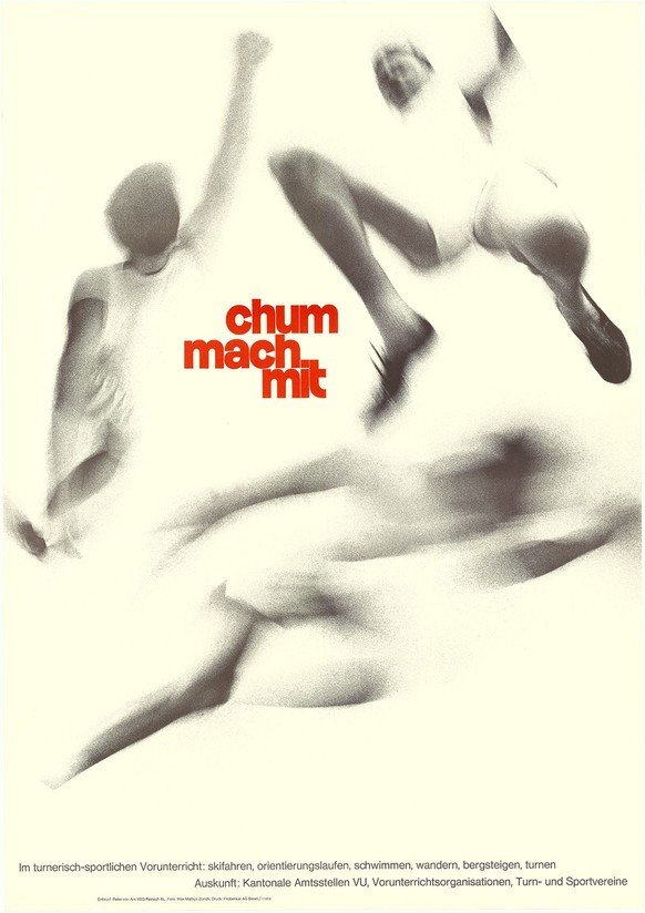 Publicité pour l’Enseignement postscolaire de la gymnastique et des sports. Affiche de Peter von Arx, 1966.
