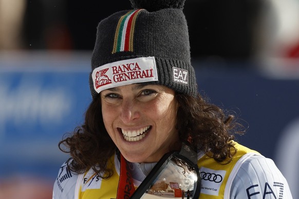 Italy&#039;s Federica Brignone reacts after winning an alpine ski, women&#039;s World Cup giant slalom, in Are, Sweden, Saturday, March 9, 2024. (AP Photo/Alessandro Trovati)