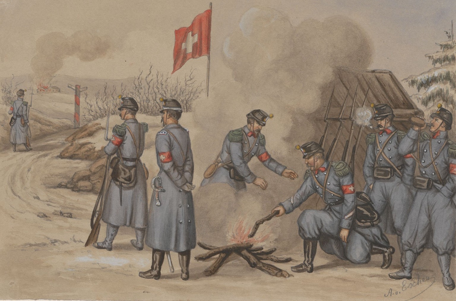 Soldats genevois mobilisés à la frontière en 1871.
https://www.historic.admin.ch/media/image/e887312d-f979-4352-9cad-439bded5e1eb