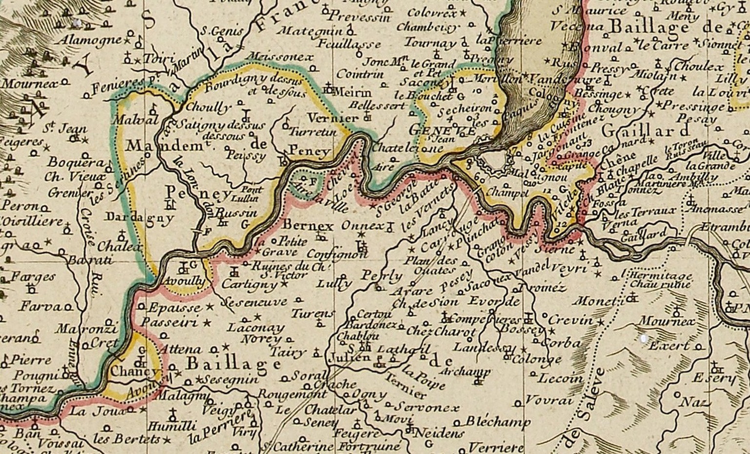 Vers 1740, les frontières de la région de Genève étaient encore plus compliquées. La ville de Genève comprenait des territoires distincts, non reliés entre eux. Carte de Genève et de ses environs, 174 ...