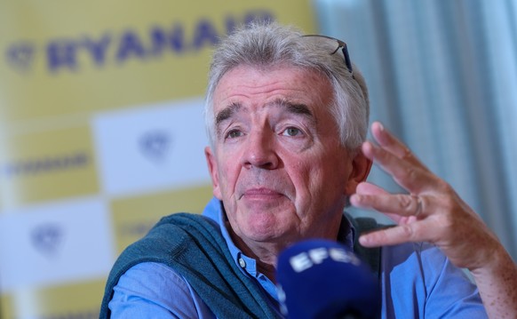 epa12325673 Ryanair Group CEO Michael O'Leary speaks during a press conference in Brussels, Belgium, 27 August 2025. During the press conference, O'Leary noted the decline in air traffic con ...