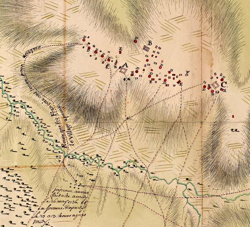 Carte de l’attaque du village chicacha menée par les mercenaires suisses et les troupes françaises. La campagne fut un fiasco pour les assaillants et les mercenaires du régiment de Karrer ne furent pa ...