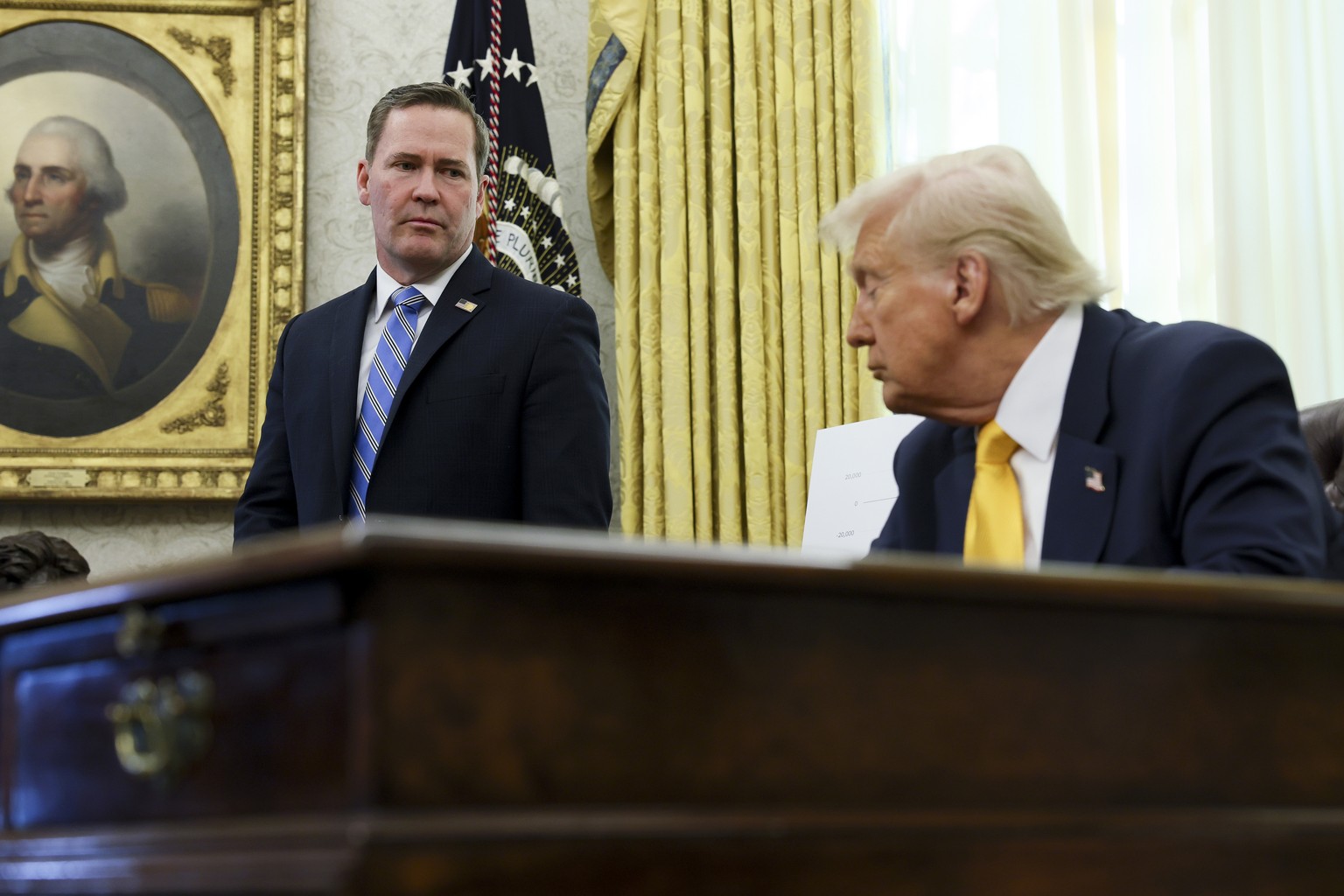 White House national security adviser Mike Waltz listens as President Donald Trump speaks in the Oval Office of the White House in Washington, Friday, March 7, 2025. (Pool via AP)
Trump