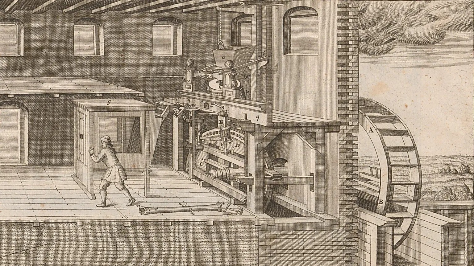 Datant de 1735, l’ouvrage Theatrum machinarum molarium, oder Schau-Platz der Mühlen-Bau-Kunst explique et illustre différents types de moulins. Outre un moulin à céréales, les moulins souterrains du C ...