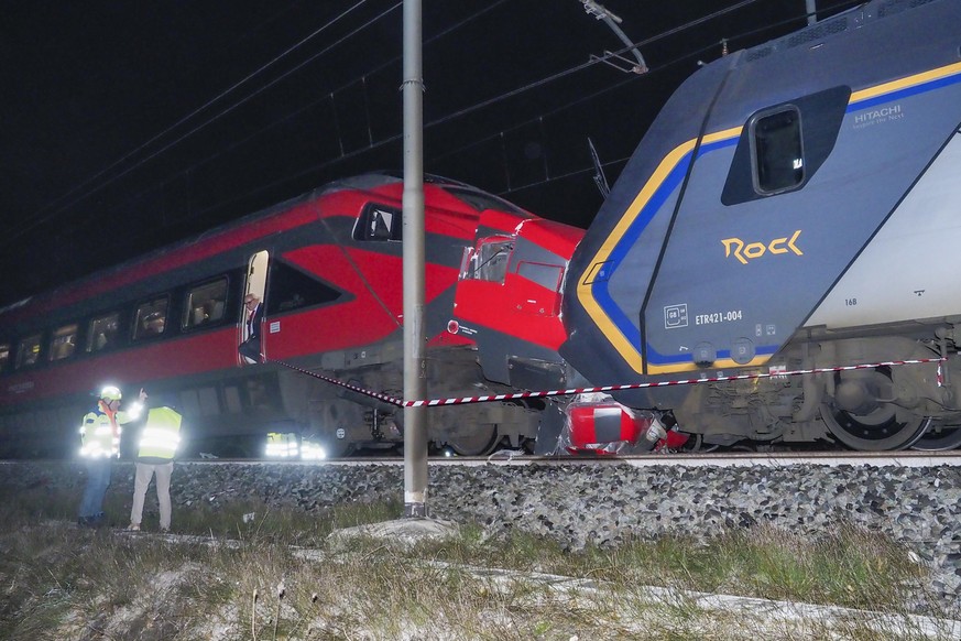 epa11022290 Two trains, an Intercity and a regional, are seen after they collided in a sort of pileup along the Bologna-Rimini railway line in the Faenza area, injuring 17 passengers, Ravenna, Italy,  ...