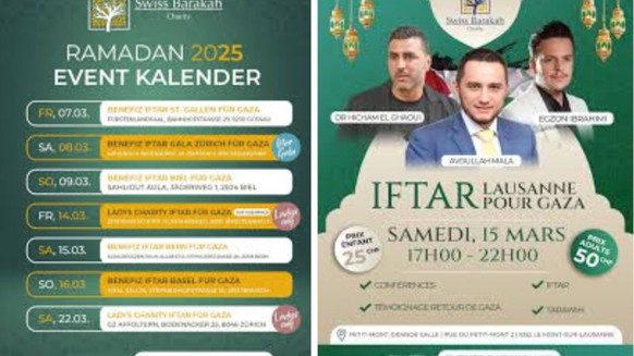 L'agenda, à gauche, avec les dates des 8, 9, 14 et 15 mars prévues en Suisse romande. A droite, le flyer initialement prévu pour l'événement du 15 à Lausanne. (Images récupérées sur Internet.)