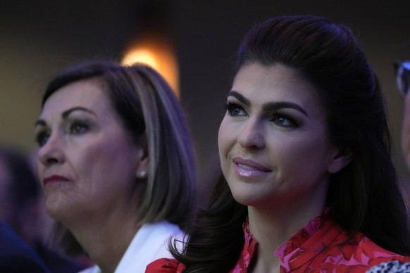 Florida first lady Casey DeSantis sits with Iowa Gov. Kim Reynolds, left, as they listen to Republican presidential candidate Florida Gov. Ron DeSantis speak during the Family Leadership Summit, Frida ...