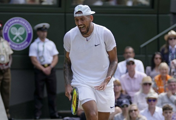 Australia&#039;s Nick Kyrgios reacts as he plays Serbia&#039;s Novak Djokovic in the final of the men&#039;s singles on day fourteen of the Wimbledon tennis championships in London, Sunday, July 10, 2 ...