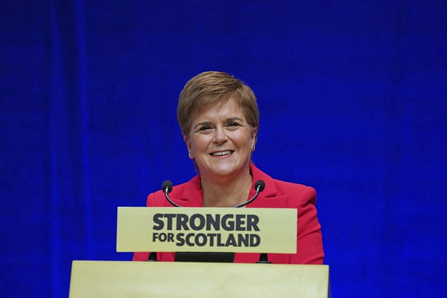 Scotland&#039;s First Minister Nicola Sturgeon delivers her keynote speech during the SNP conference at The Event Complex Aberdeen (TECA) in Aberdeen, Scotland, Monday Oct. 10, 2022. (Andrew Milligan/ ...