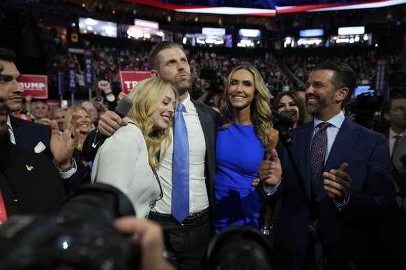 Tiffany Trump, Eric Trump, Lara Trump and Donald Trump Jr., smile as they watch the roll call of states during the Republican National Convention Monday, July 15, 2024, in Milwaukee. (AP Photo/Julia N ...