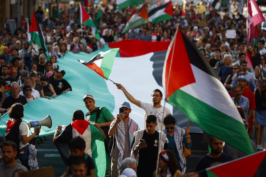 epa11465769 Demonstrators wave Palestinian flags during a pro-Palestine rally held in Barcelona, Catalonia, Spain, 07 July 2024. More than 38,000 Palestinians and over 1,400 Israelis have been killed, ...
