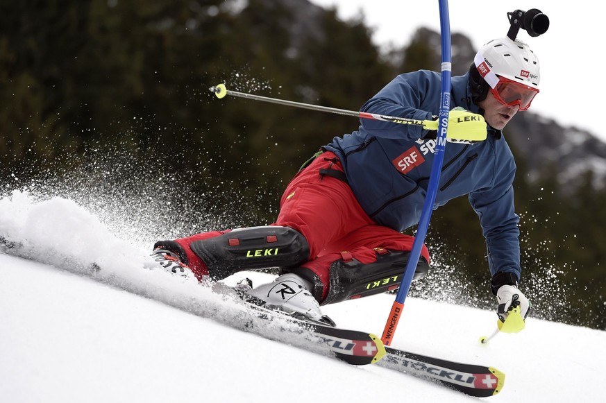 Former ski racer Bruno Kernen of Switzerland in action as forerunner with a tv camera fo SRF TV channel during the Slalom run of the men&#039;s Super Combined, SC, race of the FIS Alpine Ski World Cup ...