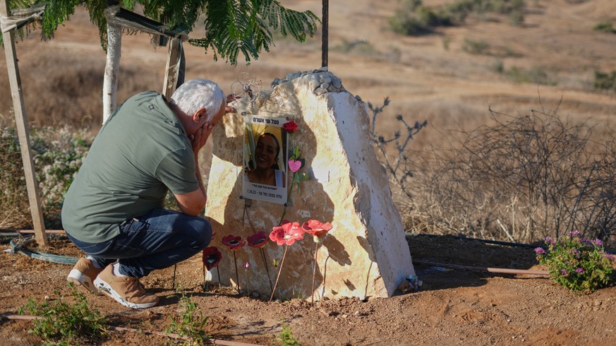Dror Ashram, father of Sergeant Shay Ashram, attends a memorial service marking the third anniversary of the Oct. 7, 2023, Hamas cross-border attack on Israel, near Kibbutz Nahal Oz, southern Israel,  ...