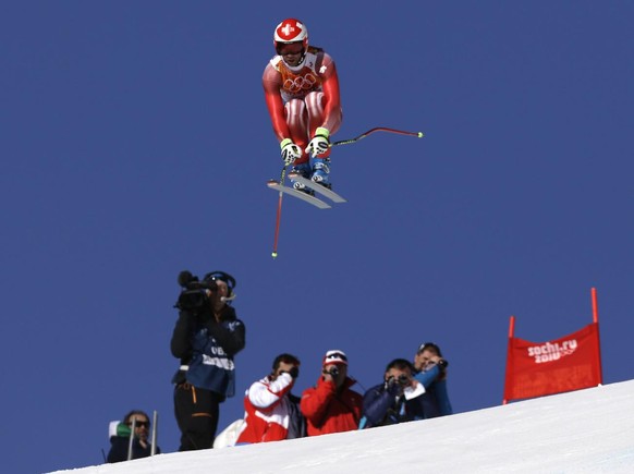 Défago en apesanteur lors de la descente d'entraînement aux Jeux de Sotchi en 2014.