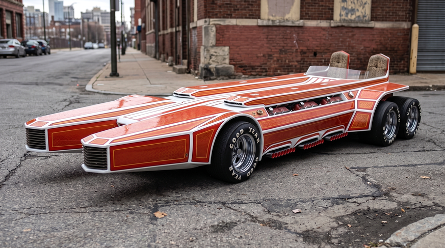 Snake Pit by George Barris 
https://www.thedrive.com/news/17462/the-750000-george-barris-snakepit-is-a-six-engined-land-speed-record-car-on-acid