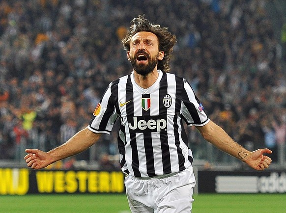 epa04162371 Juventus&#039; Andrea Pirlo celebrates after scoring the opening goal during the UEFA Europa League quarter final second leg soccer match between Juventus FC and Olympique Lyon at Juventus ...