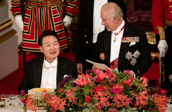 South Korean President state visit to the UK President of South Korea Yoon Suk Yeol listens as King Charles III speaks at the state banquet at Buckingham Palace, London, for the state visit to the UK ...